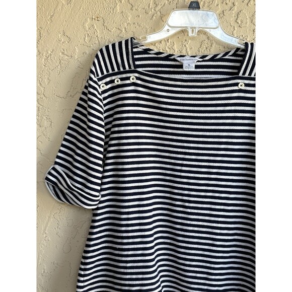 Liz Claiborne Texture Knit Black Off White Striped Women's XL Stretch Blouse - Picture 9 of 10